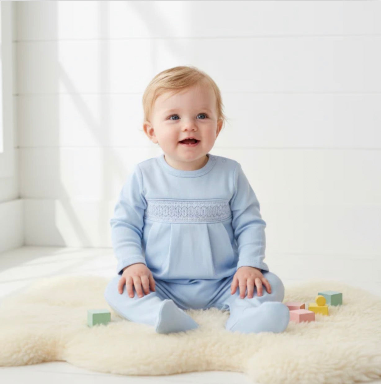 Blue Pima Smocked Footie
