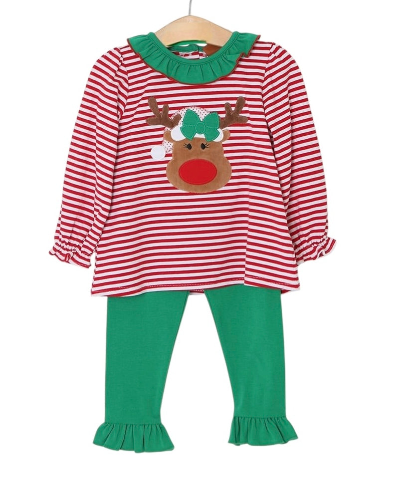 Reindeer Appliqué Ruffle Pant Set