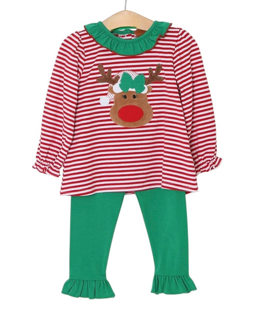 Reindeer Appliqué Ruffle Pant Set